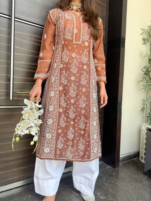 a line chikankari kurta brown white thread 1 a line chikankari kurta brown white thread 1