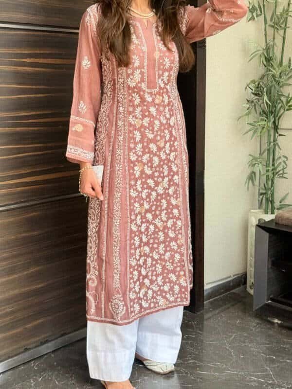 a line chikankari kurta dusty rose white thread 2