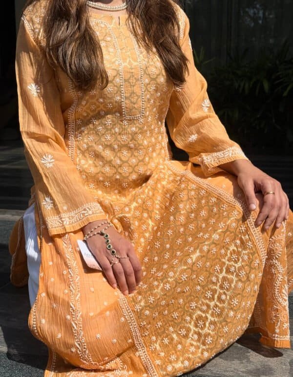 a line chikankari kurta marigold white thread 1